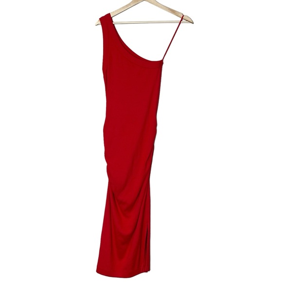 Michael Stars Coco One Shoulder Ultra Ribbed Knit Midi Dress Size M Salsa Red - Picture 2 of 15